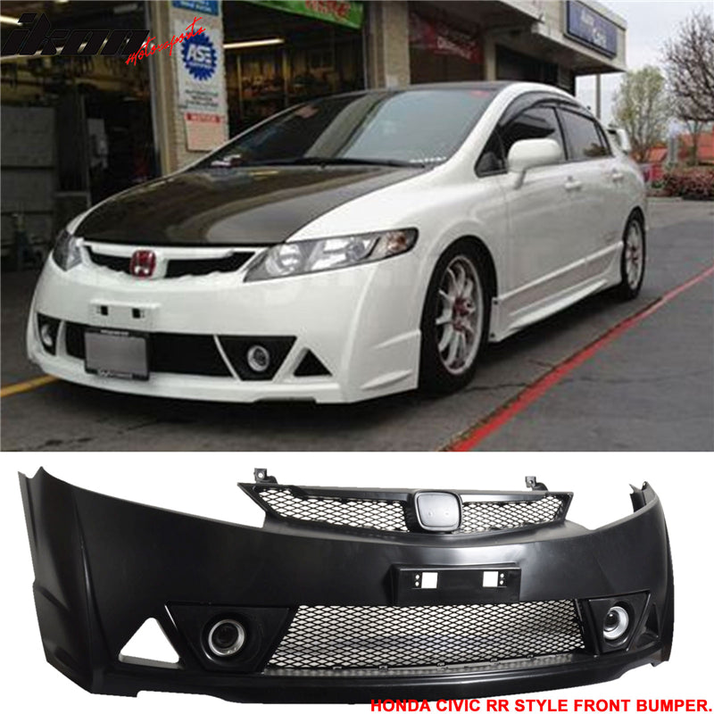 Compatible With 2006-2011 Honda Civic Front Bumper ABS + Bumper Lip Spoiler + LED DRL 2PCS