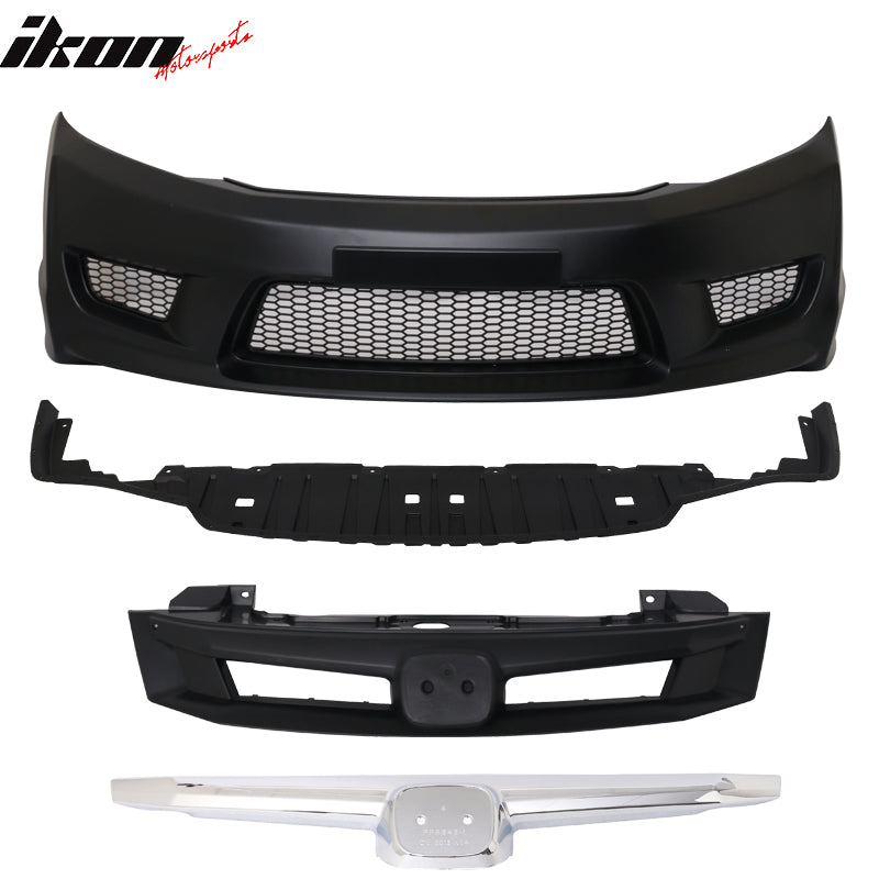 Front Bumper & Grill Compatible With 2012-2015 Honda Civic, R Style PP Front Bumper Fascia Replacement Guard Protector by IKON MOTORSPORTS, 2013 2014