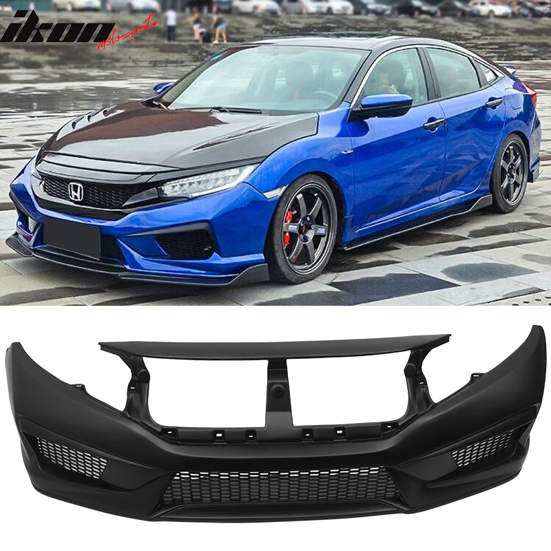 IKON MOTORSPORTS, Front & Rear Bumper & Side Skirts Compatible With 2016-2021 Honda Civic Sedan, Concept Style Unpainted PP Cover Guard Conversion Bodykit