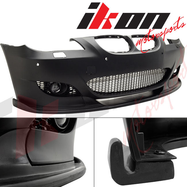 Front Bumper Lip Compatible With 2004-2010 BMW E60 5-Series, H-Style Black PP Aftermarket M5 Style Front Lips Spoiler by IKON MOTORSPORTS, 2005 2006 2007 2008 2009