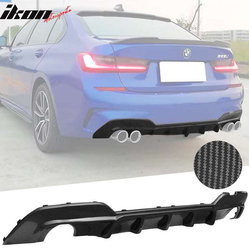 IKON MOTORSPORTS Rear Diffuser Compatible With 2019-2022 BMW 3 Series G20 330i M Sport Ikon Style Lower Valance Bumper Lip Gloss Black / Matte Black / Carbon Fiber Hydro Dip (Gloss/Smooth Finish)