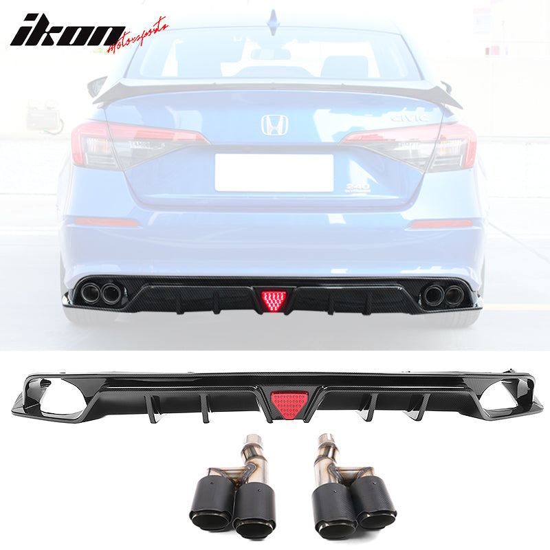 IKON MOTORSPORTS, Rear Diffuser Compatible With 2022 Honda Civic 11th Gen Sedan, IKON Style  PP Polypropylene Rear Bumper Diffuser Lip Added on Bodykit Replacement