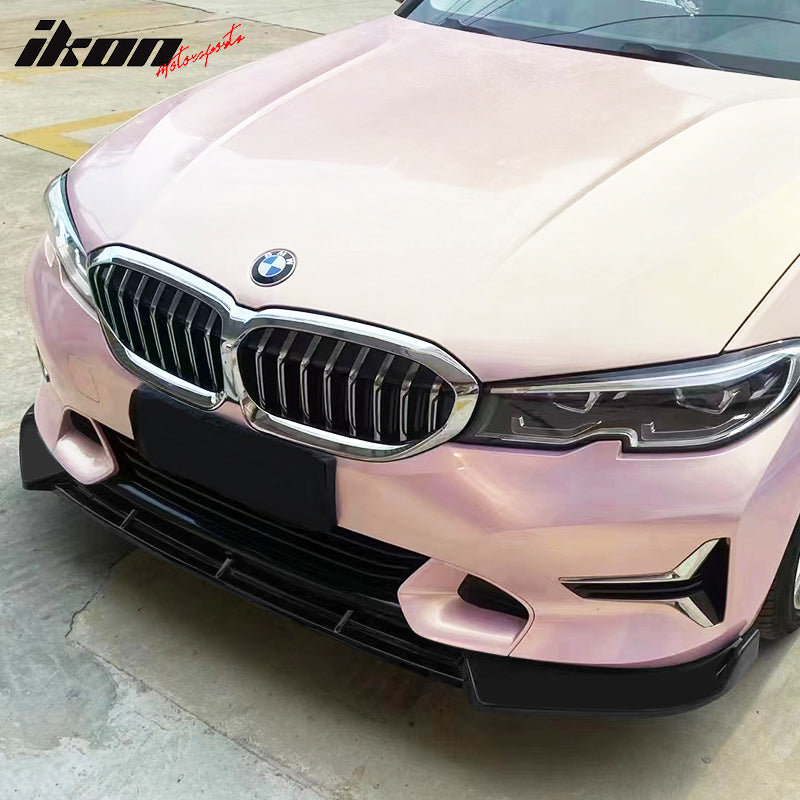 IKON MOTORSPORTS, Front Bumper Lip Compatible With 2019-2022 BMW G20 3-Series Sport Line, 3PCS Front Bumper Protector Spoiler Air Dam Chin