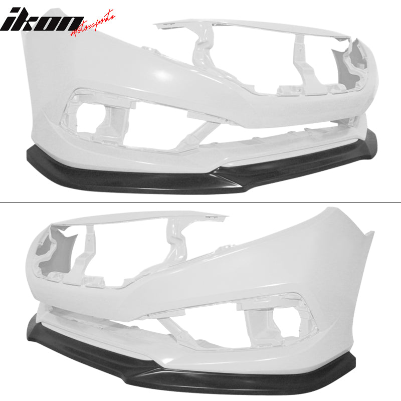 IKON MOTORSPORTS, Front Bumper Lip Compatible With 2019-2021 Honda Civic, GT Style Unpainted Black Polyurethane PU Front Lip Chin Spoiler