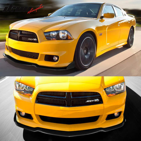 IKON MOTORSPORTS, 3PCS Front Bumper Lip Compatible With 2012-2014 Dodge Charger SRT, Front Bumper Lip Body Splitter Spoiler Lip PU Poly Urethane Unpainted Black IKON Style 2013