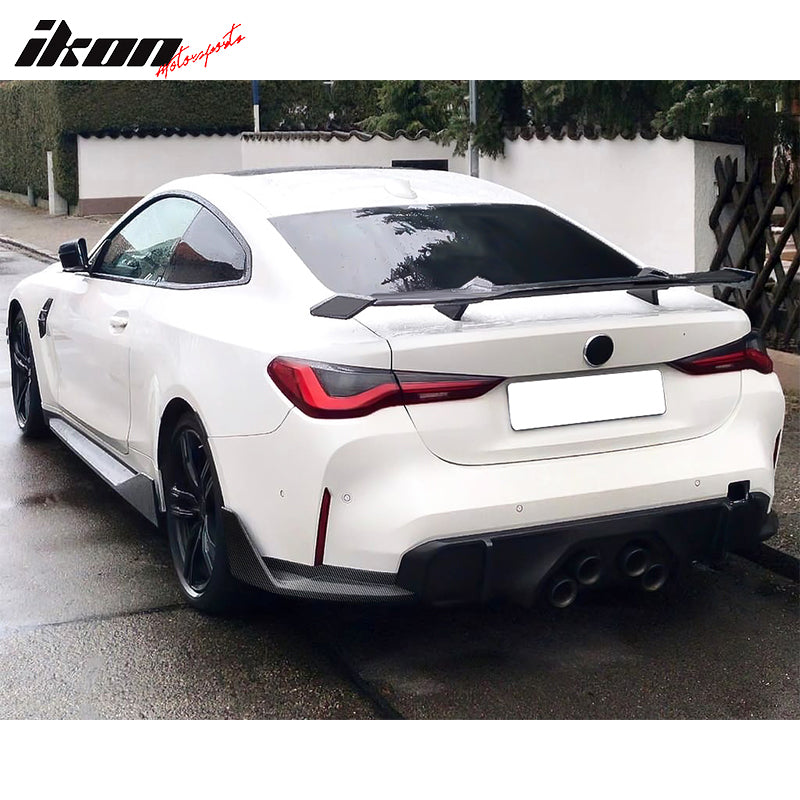 IKON MOTORSPORTS, Rear Splitters Compatible With 2021-2023 BMW G82 G83 M4, MP Style Carbon Fiber Rear Bumper Lip Side Aprons Cap Bodykit 2PCS