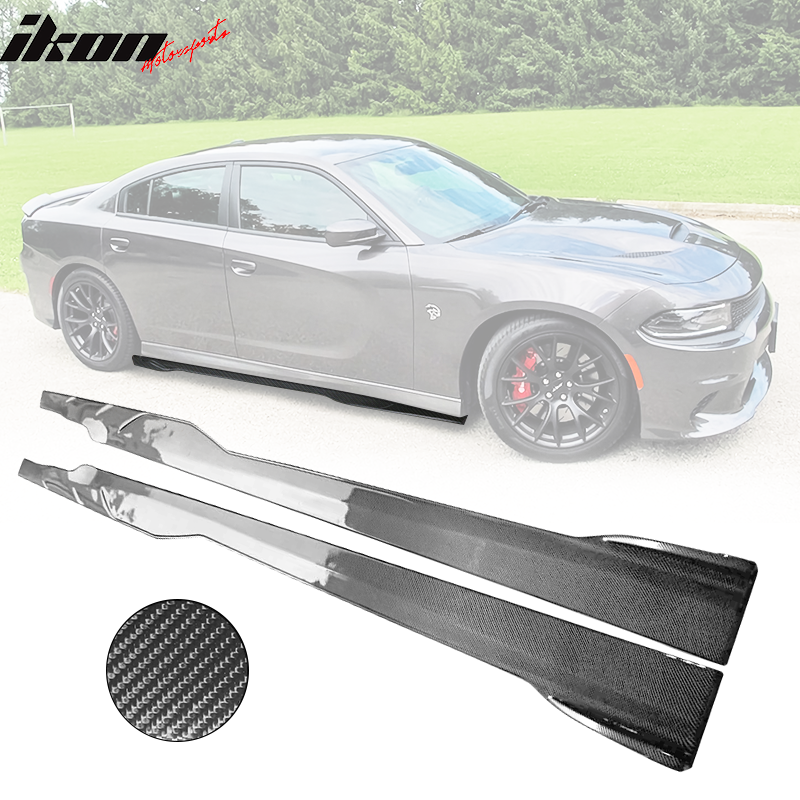 IKON MOTORSPORTS, Side Skirts Compatible With 2015-2023 Dodge Charger SRT, Side Skirt Extension Rocker Panel Carbon Fiber Print, 2016 2017 2018 2019