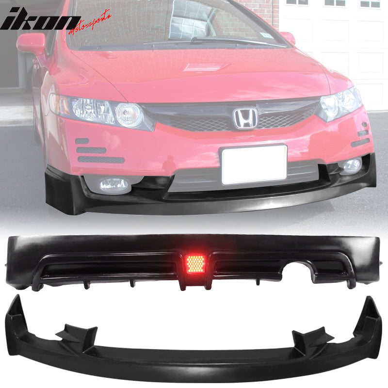 IKON MOTORSPORTS, Compatible With 2009-2011 Honda Civic 4Door PU Front & PP Rear Bumper Lip Spoiler & Brake Lamp