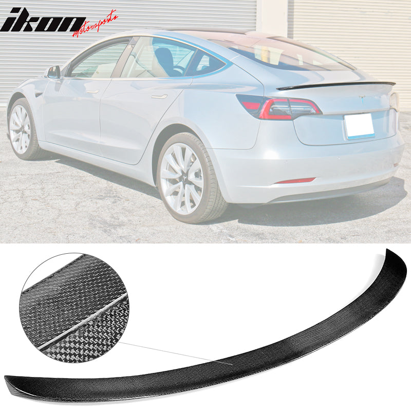 Front Lip + Trunk Spoiler Compatible With 2017-2023 Tesla Model 3, IKON Style Front Bumper Lip Air Dam Chin Lip CF Real Carbon Fiber by IKON MOTORSPORTS