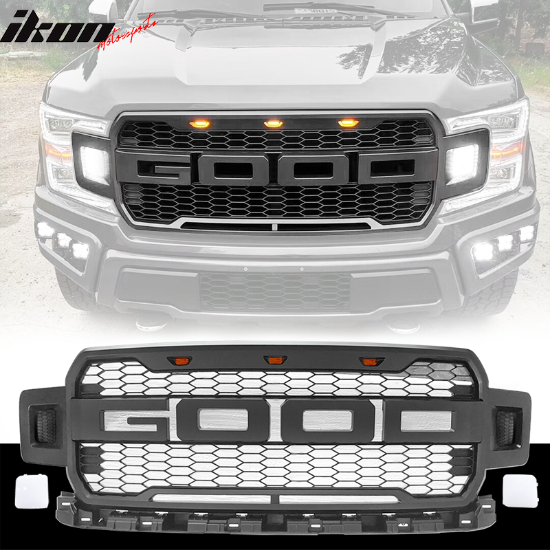 2018-2020 Ford F150 V3 Style Black Front Bumper Hood Grille White LED