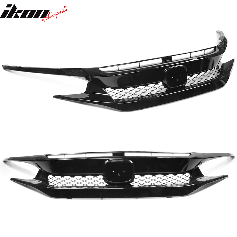 Fits 19-21 Honda Civic T-R Style Gloss Black Front Grille W/ 2PC Eyebrows