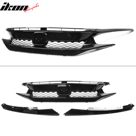 Fits 19-21 Honda Civic T-R Style Gloss Black Front Grille W/ 2PC Eyebrows