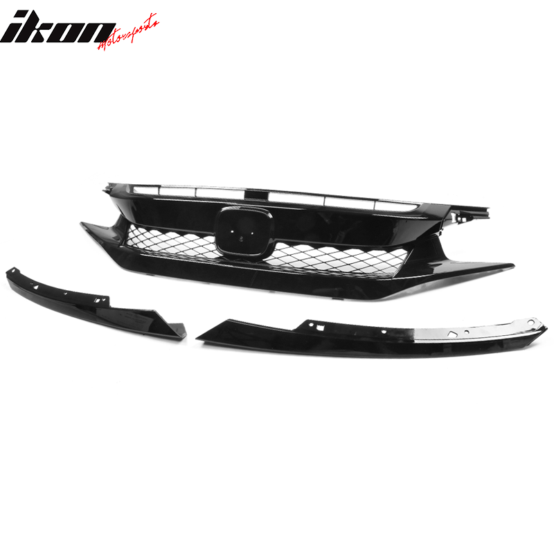 Fits 19-21 Honda Civic T-R Style Gloss Black Front Grille W/ 2PC Eyebrows