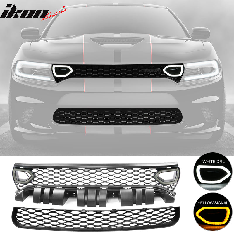 2015-2023 Dodge Charger SRT Style Black Upper Lower Grille LED Lights