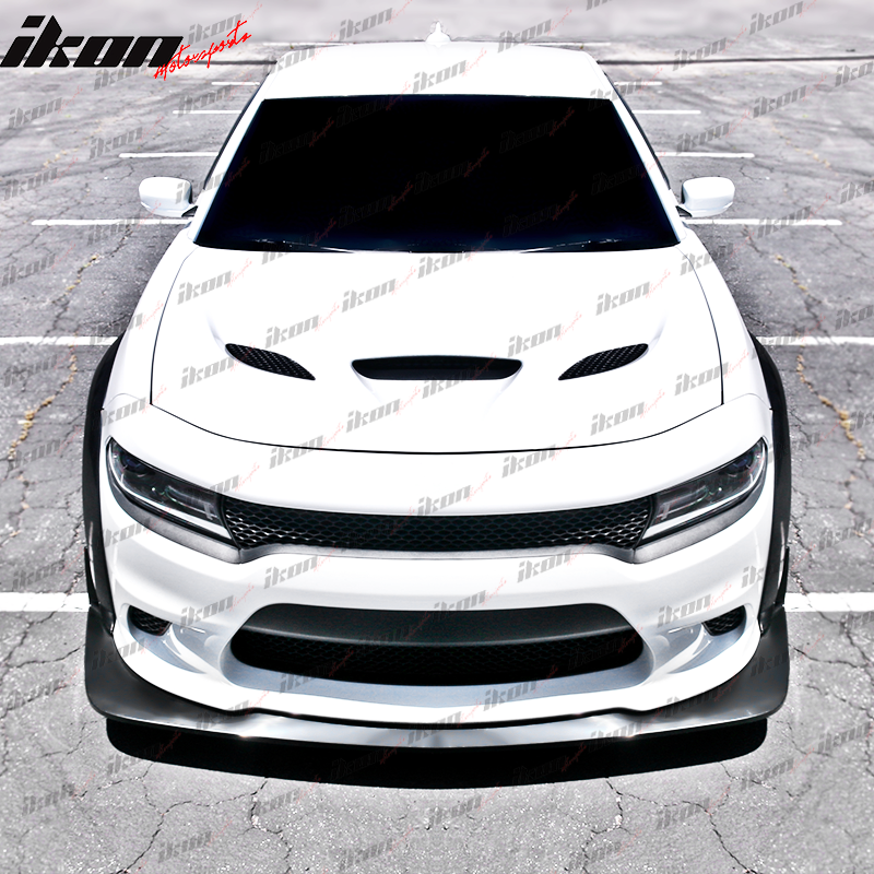 IKON MOTORSPORTS, Front Bumper Lip & Fender Flares Compatible With 2015-2023 Dodge Charger, Widebody Style Front Bumper Lower Body Protection, Wheel Protector Cover ABS