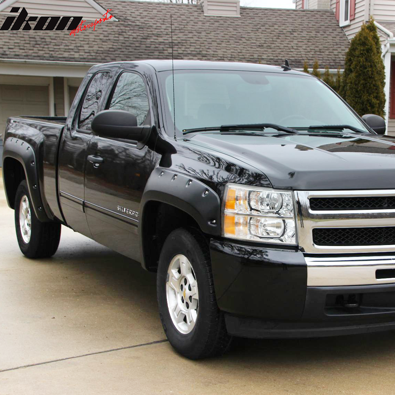 Compatible With 07-14 Chevy Silverado Long & Standard bed Fleetside Pocket Rivet Style Textured PP Fender Flares