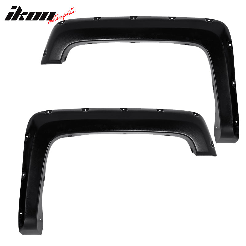 IKON MOTORSPORTS Fender Flares, Compatible With 2014-2018 Chevy Silverado Pocket Rivet Style, Black ABS Plastic Textured Front Rear Wheel Cover Protector Vent