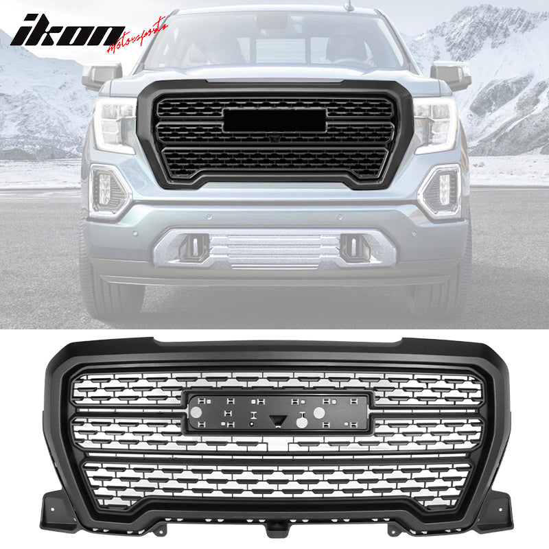 IKON MOTORSPORTS, Grille Compatible With 2019-2021 GMC Sierra 1500, Denali Style Front Bumper Hood Upper Grille w/o Emblem Gloss Black