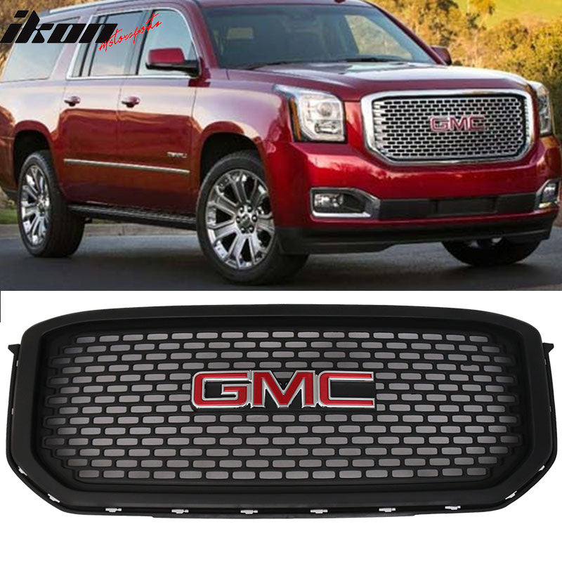 Fits 15-18 GMC Yukon XL Black ABS Front Bumper Grille + Red GMC Emblem