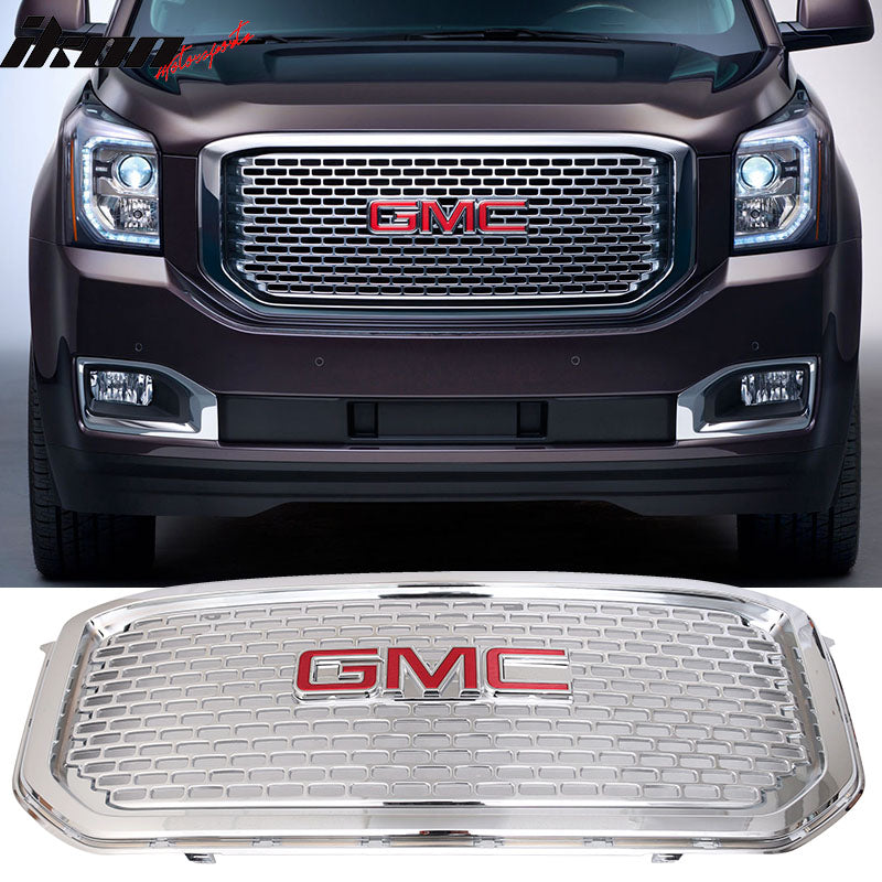 Fits 15-18 Yukon XL Chrome ABS Front Bumper Grille + Red GMC Emblem