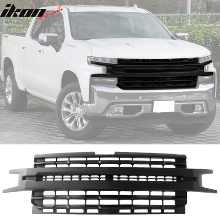 IKON MOTORSPORTS, Grille Compatible With 2019-2021 Chevrolet Silverado 1500 LTZ, Front Bumper Hood Mesh Grill Matte Black