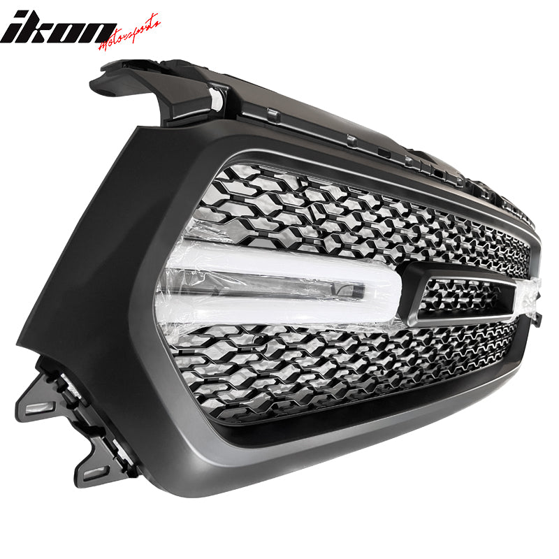 Fits 19-24 Dodge Ram 1500 Front Bumper Hood Upper Mesh LED Grille - Gloss Black