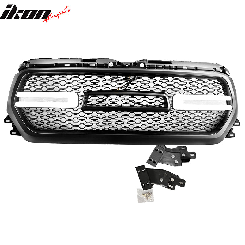 Fits 19-24 Dodge Ram 1500 Front Bumper Hood Upper Mesh LED Grille - Gloss Black