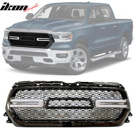 Fits 19-24 Dodge Ram 1500 Front Bumper Hood Upper Mesh LED Grille - Gloss Black