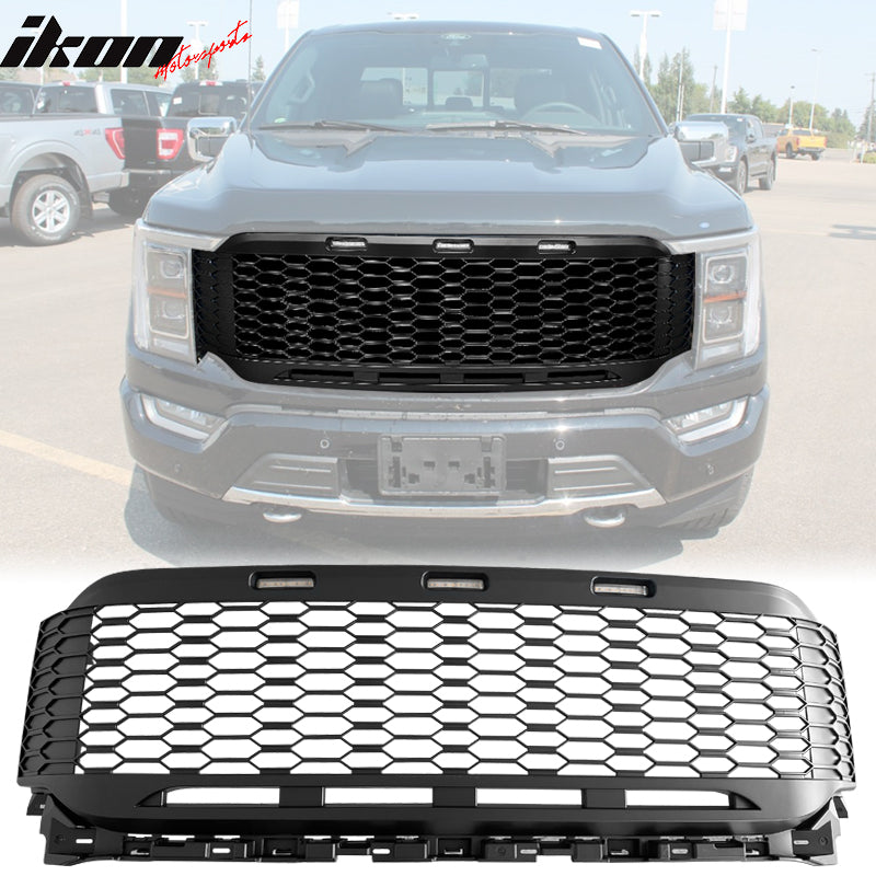 IKON MOTORSPORTS, Front Grille Compatible With 2021-2023 Ford F-150, Front Mesh Bumper Hood Grill Grille W/O Emblem with Light, ABS R Style