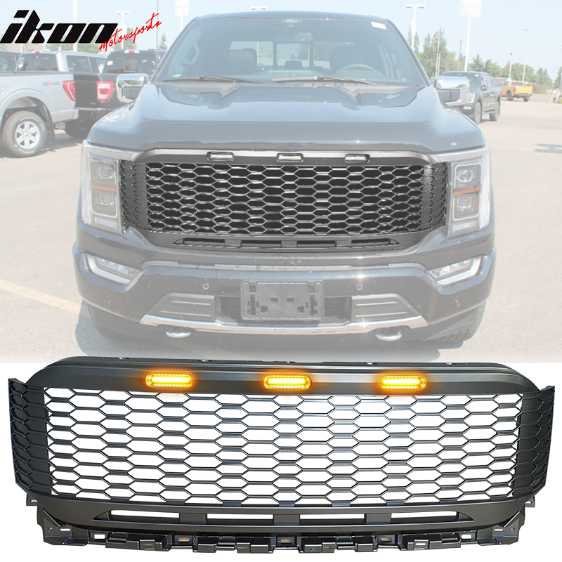 Fits 2021-2023 Ford F-150 Front Mesh Hood Grill Grille ABS R Style W/LED