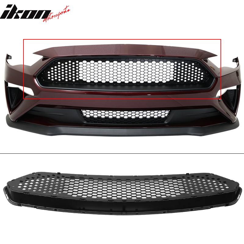 Fits 18-23 Ford Mustang Honeycomb Front Bumper Upper Grille Black ABS