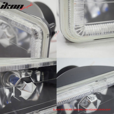 4X6 Square H4 Headlight Lamp W/Halo Halogen Bulb W/Clear Lens Diamond Cut Style