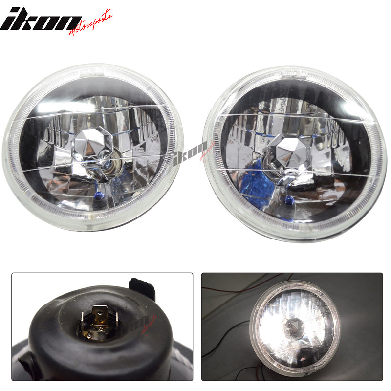 7in Round H4 Headlight w/ Halo Halogen Bulb Clear Lens Blue City Light