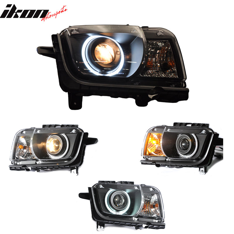 Headlights Compatible With 2010-2013 Chevy Camaro, Black Housing Headlights Front Head Lights Lamps by IKON MOTORSPORTS, 2011 2012