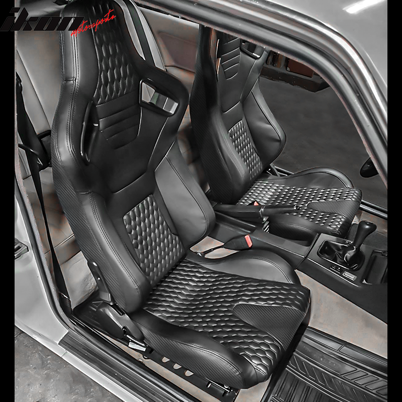 IKON MOTORSPORTS, Universal Racing Seats Pair with Dual Sliders, Black PU + Carbon Leather Reclinable Left Right