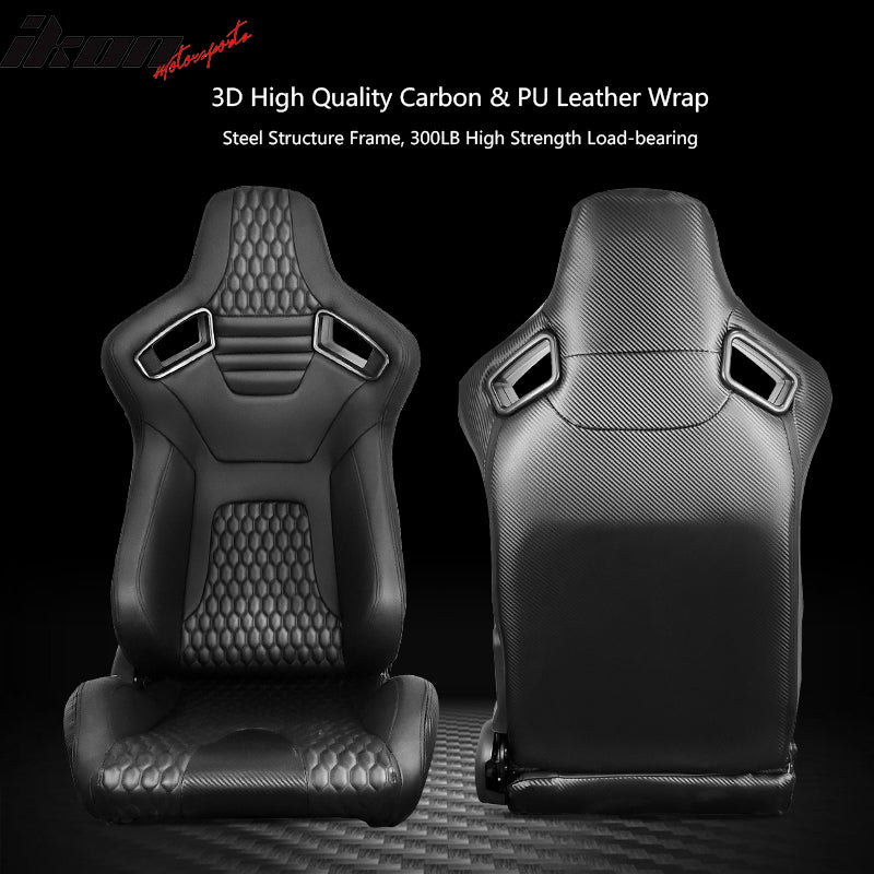 Universal Pair Reclinable Racing Seats Dual Sliders PU&Carbon Leather Honeycomb