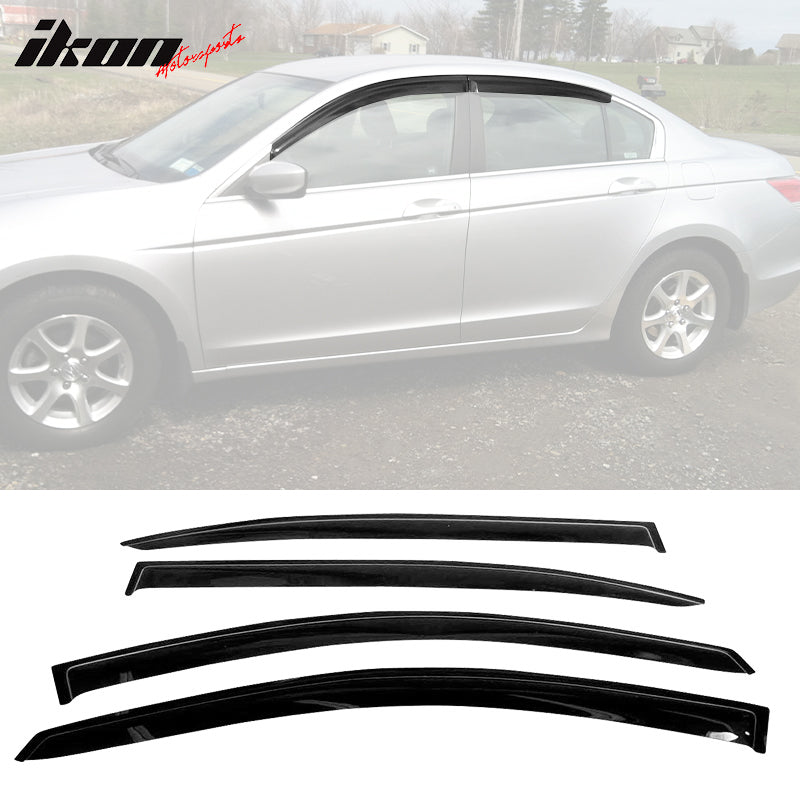 IKON MOTORSPORTS Tape On External Window Visor, Compatible With 2008-2012 Honda Accord 4 Door, Smoke Tinted & Semi-Transparent Sun Rain Wind Guards Shield Vent